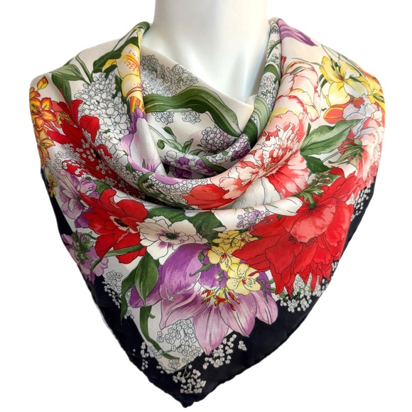Vintage Silk Floral Scarf | Botanical Garden Print | Hand Rolled Edges - Picture 1 of 8